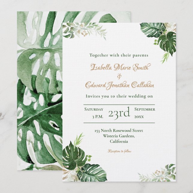 Invitación Boda Acuarela Hojas de Monstera Verde Tropical (Anverso / Reverso)