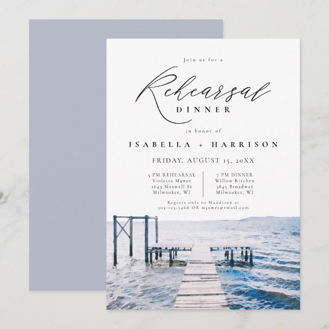 Invitación Boda acuarela Lakeside Ensayo Cena (Anverso / Reverso)