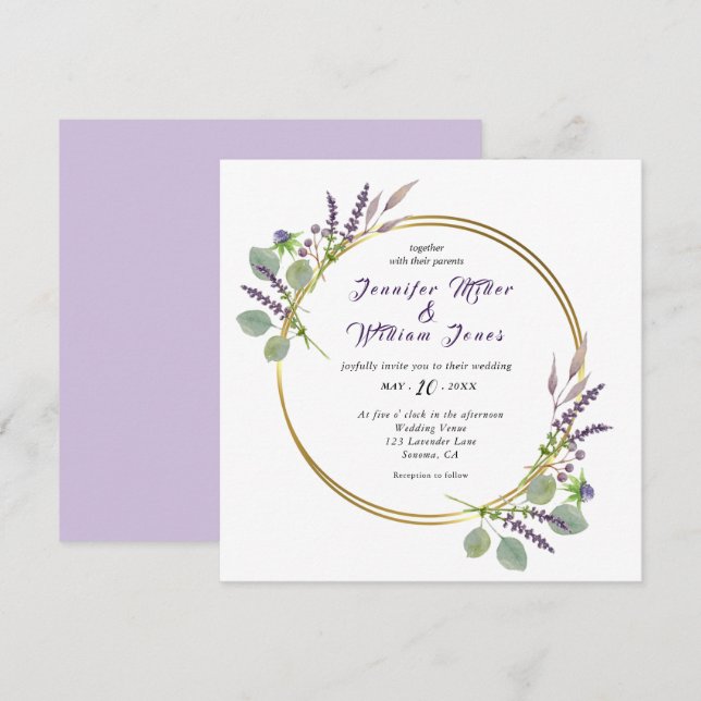 Invitación Boda acuarela lavanda y eucalipto (Anverso / Reverso)