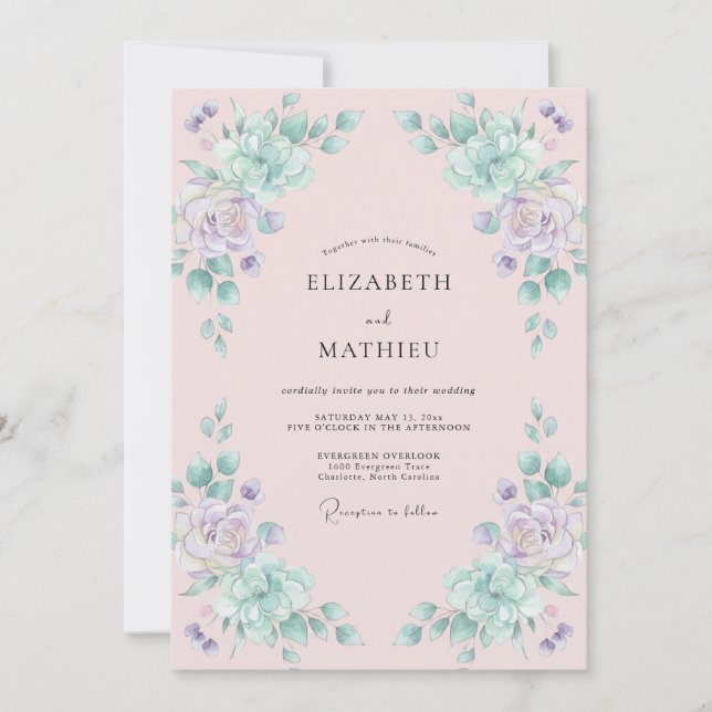 Invitación Boda acuarela lila espuma de mar (Anverso)