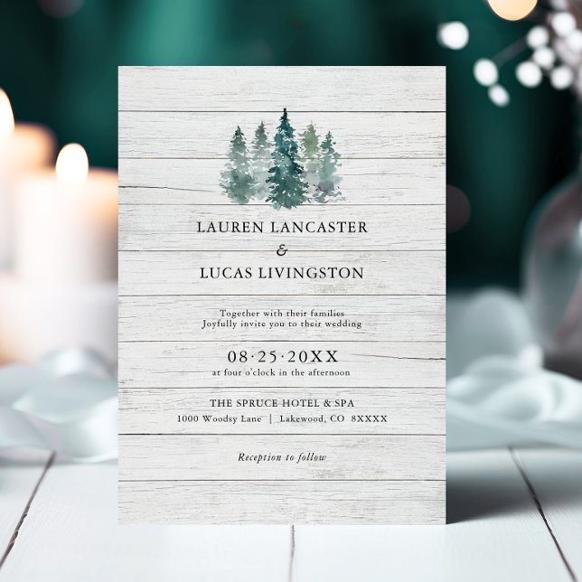 Invitación Boda acuarela Madera Rústica Pinos Árboles Verde (Wedding Watercolor Wood Rustic Pine Trees Green Invitation)