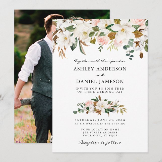 Invitación Boda acuarela Magnolias Rosas Foto (Anverso / Reverso)
