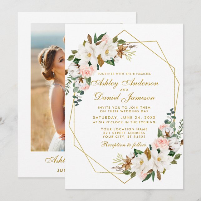 Invitación Boda acuarela Magnolias Rosas Foto Oro (Anverso / Reverso)