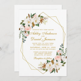 Invitación Boda acuarela Magnolias Rosas Foto Oro