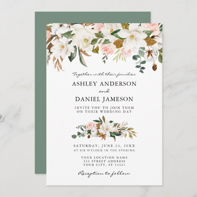 Invitación Boda acuarela Magnolias Rosas Sage Green (Anverso / Reverso)