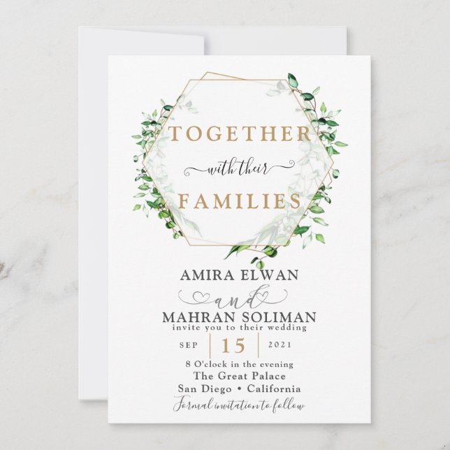 Invitación Boda acuarela marco dorado de vegetación  (Anverso)
