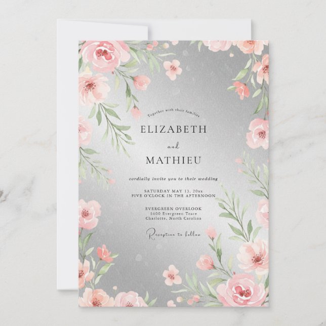 Invitación Boda acuarela melocotón plateado (Anverso)