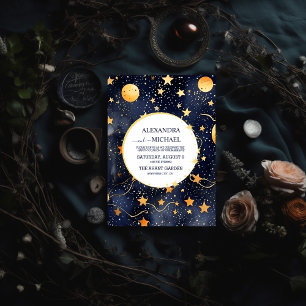 Invitación Boda acuarela mística de azul medianoche y dorado