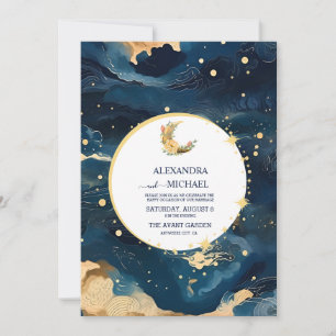 Invitación Boda acuarela mística de azul medianoche y dorado