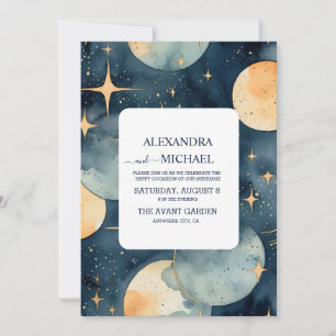 Invitación Boda acuarela mística de azul medianoche y oro