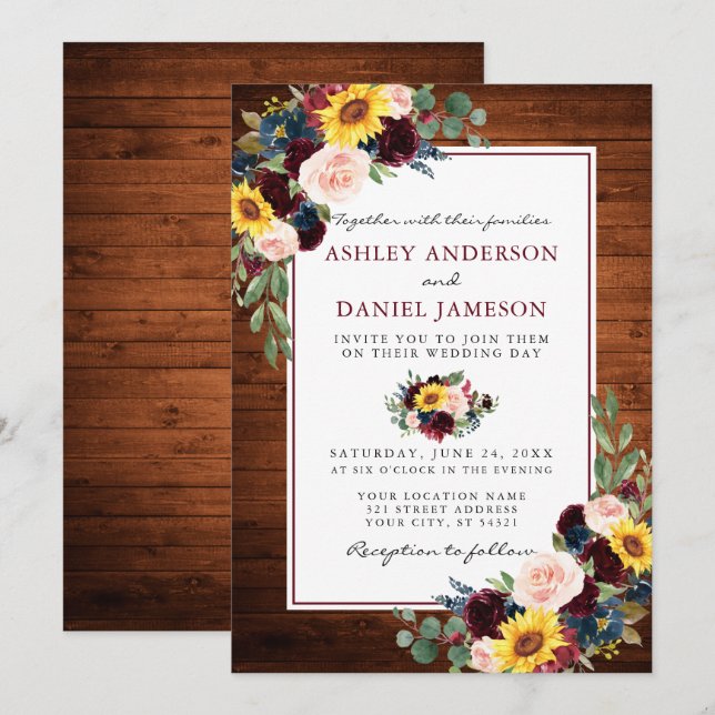 Invitación Boda acuarela mixta de madera floral borgoña (Anverso / Reverso)