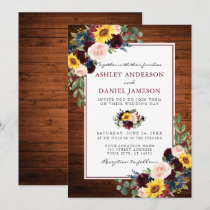 Invitación Boda acuarela mixta de madera floral borgoña