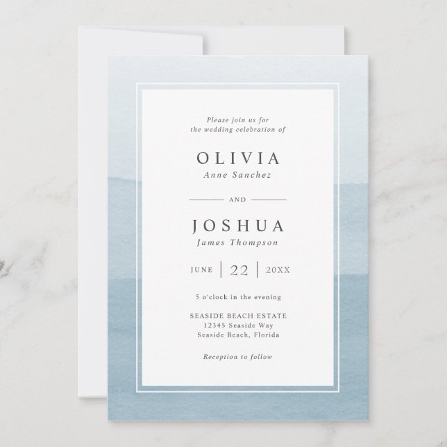 Invitación Boda Acuarela Moderna Azul Polvo (Anverso)