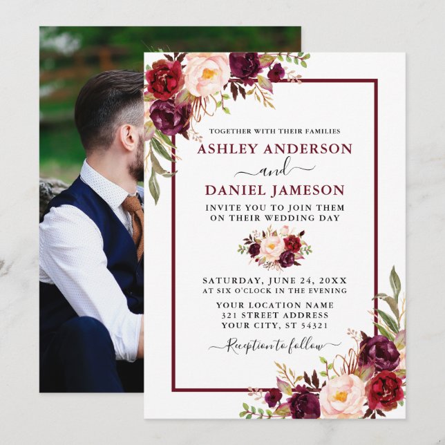 Invitación Boda acuarela moderna Burgundy Floral Photo (Anverso / Reverso)