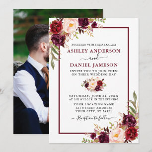 Invitación Boda acuarela moderna Burgundy Floral Photo