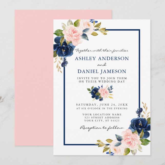 Invitación Boda acuarela moderna Clásica Floral rosa azul (Anverso / Reverso)