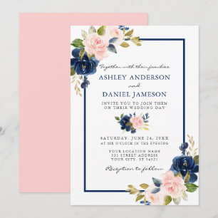 Invitación Boda acuarela moderna Clásica Floral rosa azul