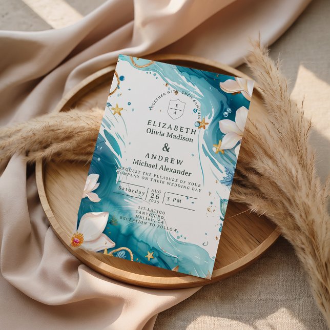 Invitación Boda acuarela moderna de conchas marinas costeras (Subido por el creador)