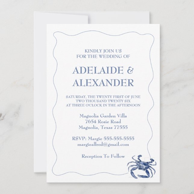 Invitación Boda Acuarela Moderna de Playa Costera Azul (Anverso)