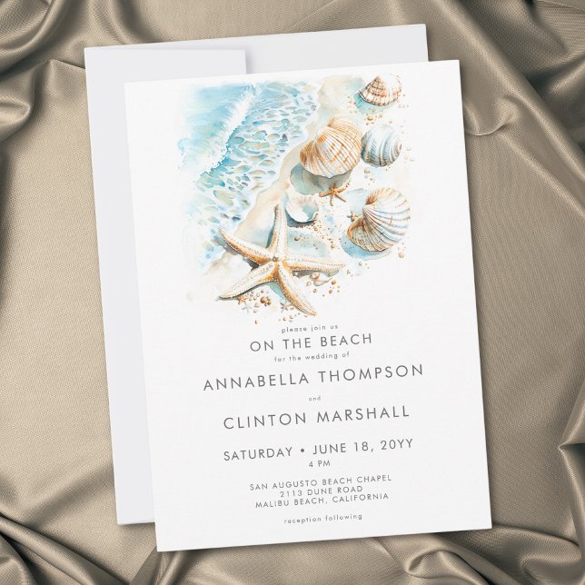 Invitación Boda acuarela moderna en la playa con conchas (Coastal On Beach Modern Shells Watercolor Wedding Invitation)