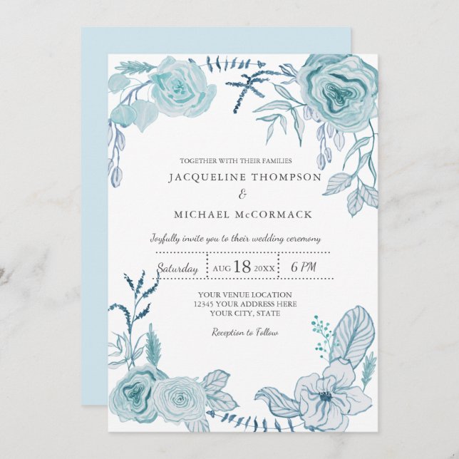 Invitación Boda acuarela moderna floral n oliage en azul (Anverso / Reverso)