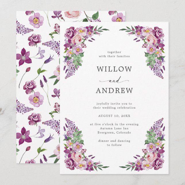 Invitación Boda acuarela morado floral (Anverso / Reverso)