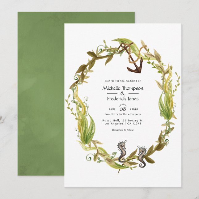 Invitación Boda acuarela náutica con algas (Anverso / Reverso)