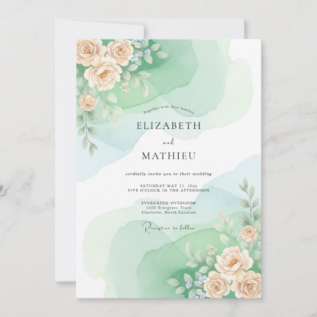 Invitación Boda acuarela pintoresca verde menta (Anverso)