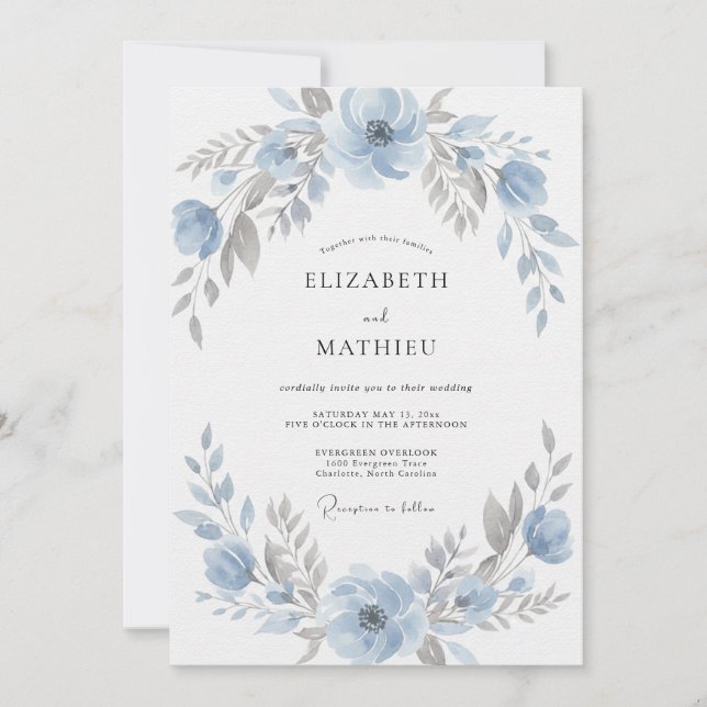 Invitación Boda acuarela plata y aciano (Anverso)