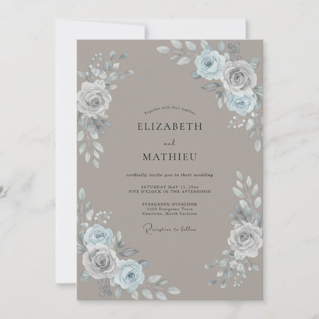 Invitación Boda acuarela plateada beige (Anverso)