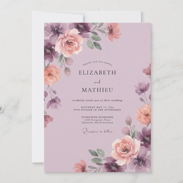 Invitación Boda acuarela romántica con ciruela (Anverso)