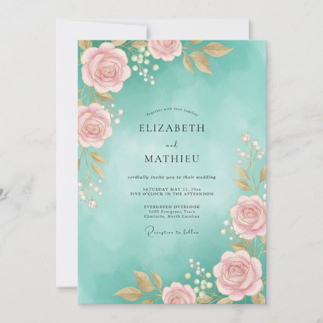 Invitación Boda acuarela rosa Aqua (Anverso)