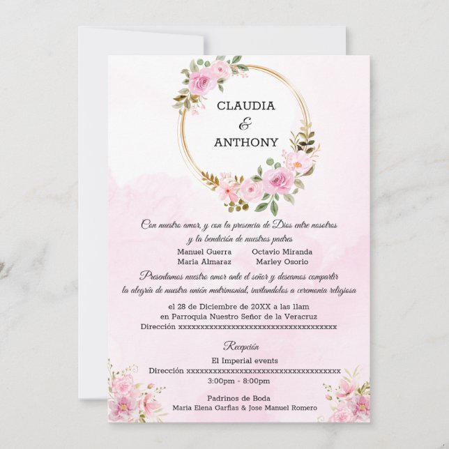 Invitación Boda acuarela rosa dorado (Anverso)