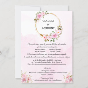 Invitación Boda acuarela rosa dorado