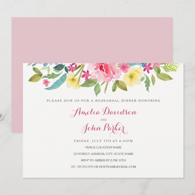 Invitación Boda acuarela rosa floral ensayo cena (Anverso / Reverso)