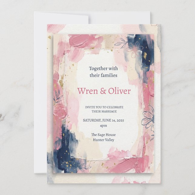 Invitación Boda acuarela rosa marina (Anverso)