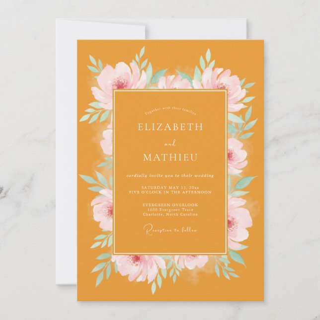 Invitación Boda acuarela rosa mostaza (Anverso)