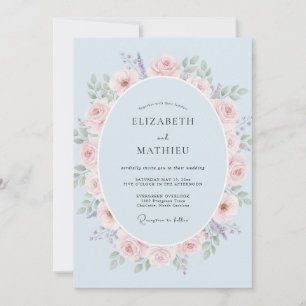 Invitación Boda acuarela rosa pétalo azul polvo
