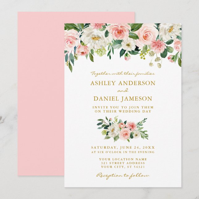Invitación Boda acuarela rosa Rubor Floral Gold (Anverso / Reverso)