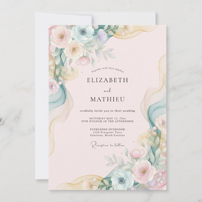 Invitación Boda acuarela rosa rubor menta (Anverso)