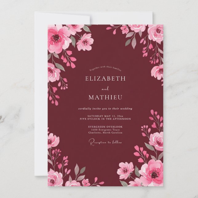 Invitación Boda acuarela rosa vino (Anverso)