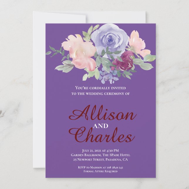 Invitación Boda acuarela Rubor Purple Floral Rustic (Anverso)