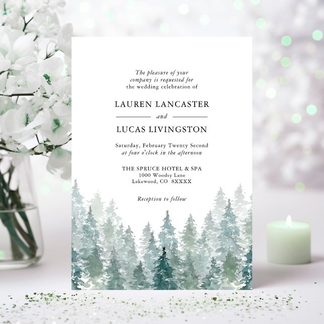Invitación Boda acuarela Rústica de los pinos verde bosque (Wedding Watercolor Rustic Pine Trees Forest Green Invitation)