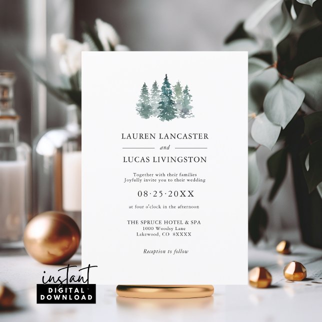 Invitación Boda acuarela Rústica Pinos Ecologos Profundos (Wedding Watercolor Rustic Pine Trees Deep Green Mountain Woodland Winter Scene Invitation)