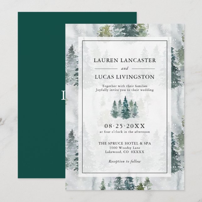 Invitación Boda Acuarela Rústica Pinos Verdes Profundos En (Anverso / Reverso)