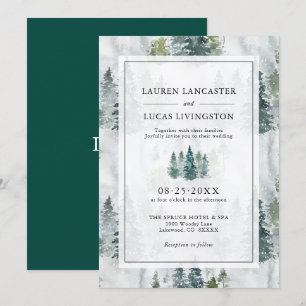 Invitación Boda Acuarela Rústica Pinos Verdes Profundos En