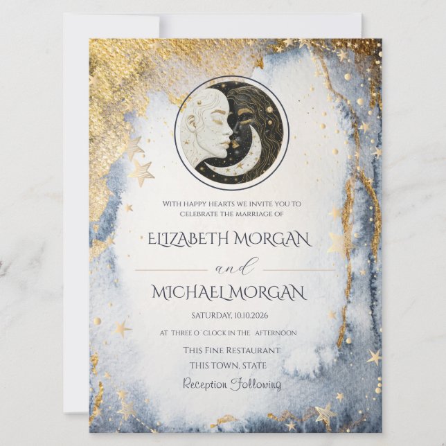 Invitación Boda Acuarela Sol Luna Celestial (Anverso)
