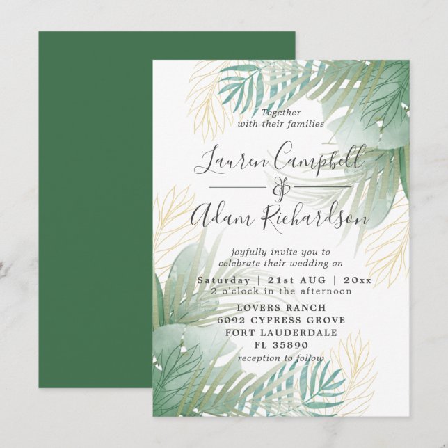 Invitación Boda acuarela tropical con vegetación (Anverso / Reverso)