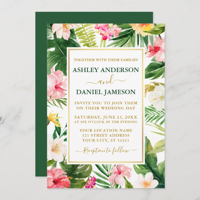 Invitación Boda acuarela Tropical Floral Green Gold (Anverso / Reverso)
