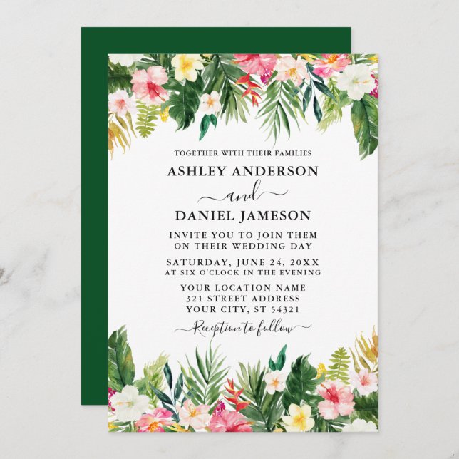 Invitación Boda acuarela Tropical Floral Verde (Anverso / Reverso)
